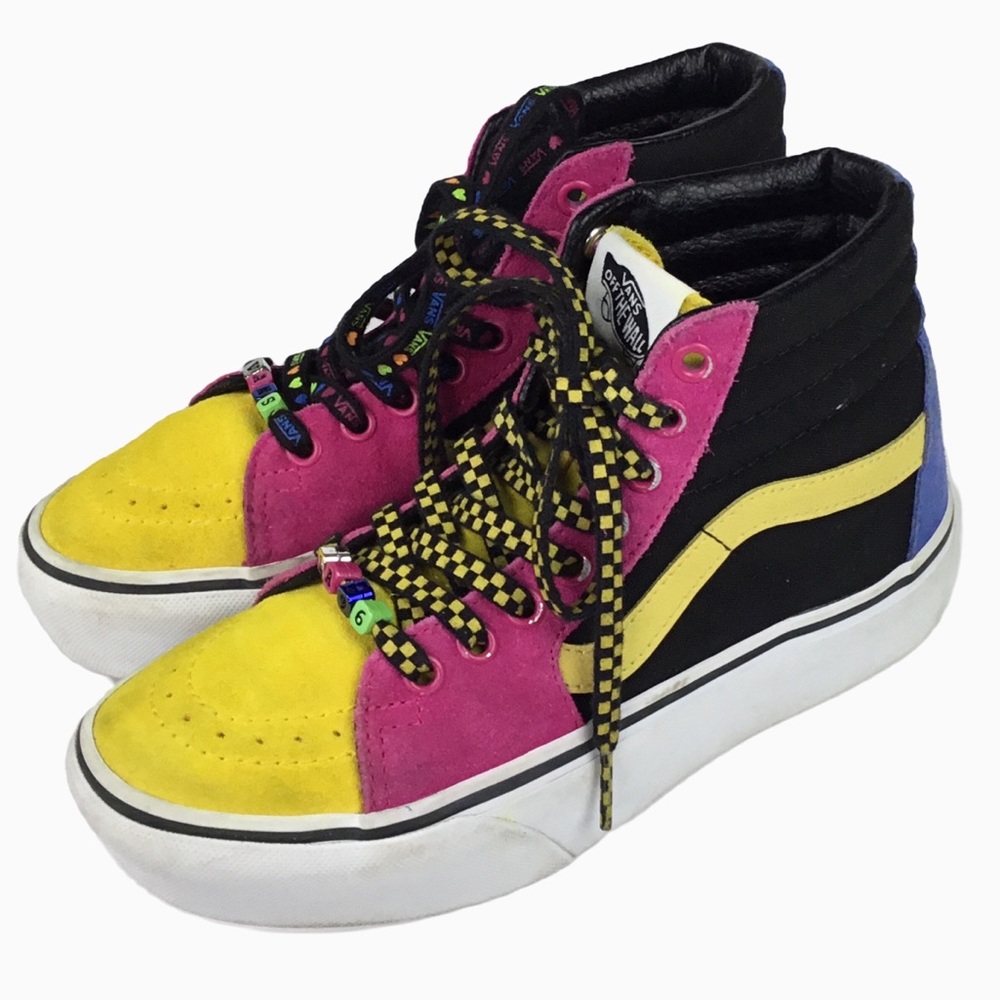 Vans Sk8-Hi Platform Suede Hightop SneaKer  Black, Pink, Yellow & Blue. Sz 3.5